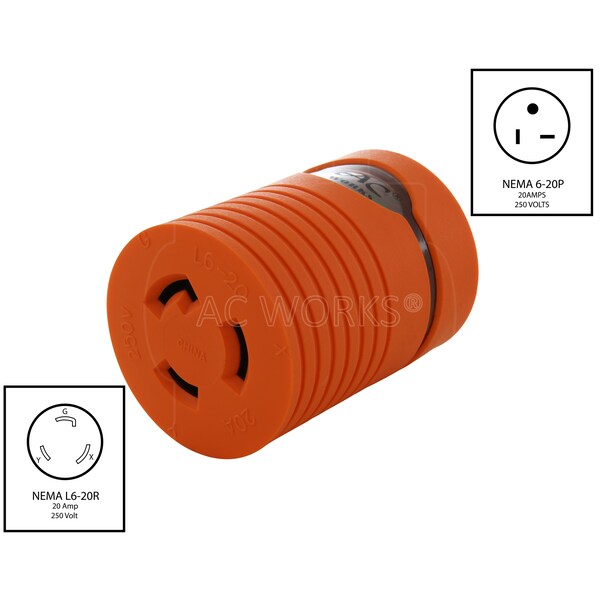 Ac Works Adapter NEMA 6-20P 20A 250V Plug to NEMA L6-20R 20A 250V Locking Connector - AD620L620