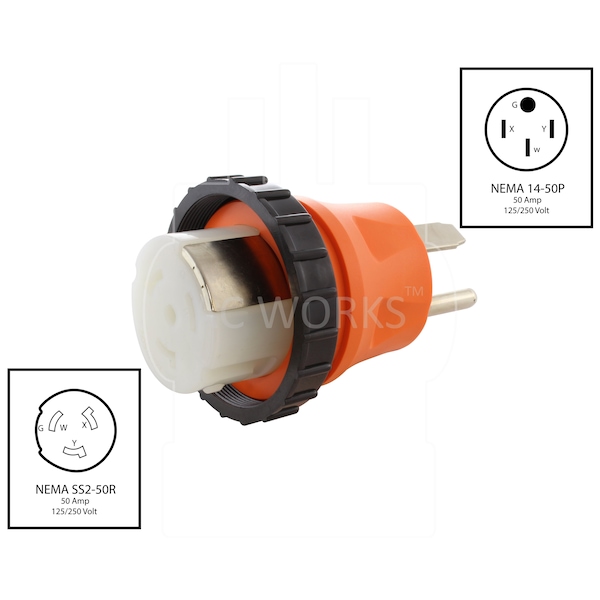 Ac Works RV/ Marine Adapter NEMA 14-50P 4-Prong 50A Plug to RV/Marine 50A Inlet Adapter - AD1450SS2