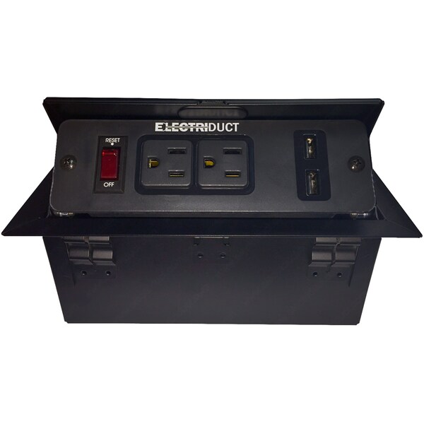 Electriduct Hidden Metal Pop-Up Table Top Box Power Centers - PDC-SW-PUB-2P-2UC-6FT-BK