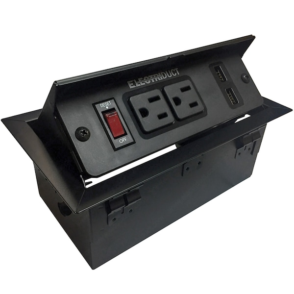 Electriduct Hidden Metal Pop-Up Table Top Box Power Centers - PDC-SW-PUB-2P-2UC-6FT-BK