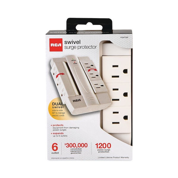 Rca Six Outlet Swivel Surge Protector, 6 Outlets, 1200 Joules, White - PSWTS6FV
