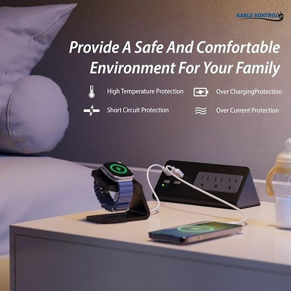 Kable Kontrol Desk Clamp Power Strip with 1 USB-C Port, 3 Power Outlets, 3 USB-A Ports, Fast Charger, 4.9' cord White - KK-EC-WH-C