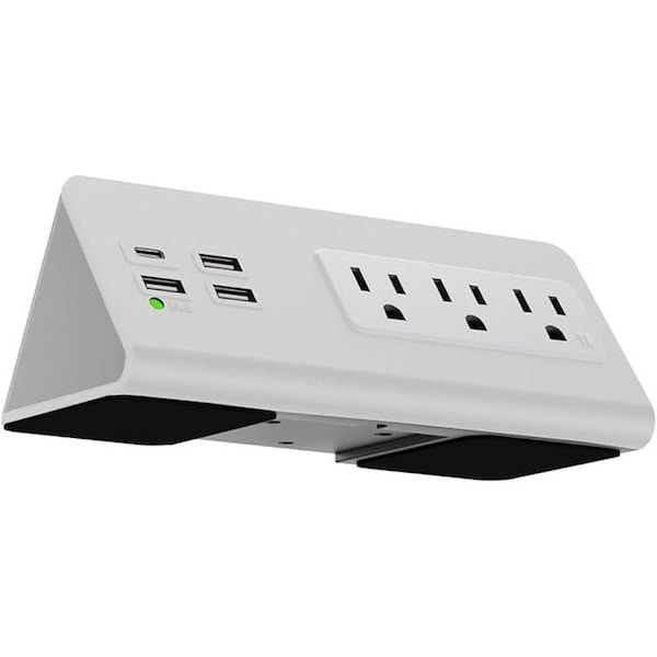 Kable Kontrol Desk Clamp Power Strip with 1 USB-C Port, 3 Power Outlets, 3 USB-A Ports, Fast Charger, 4.9' cord White - KK-EC-WH-C