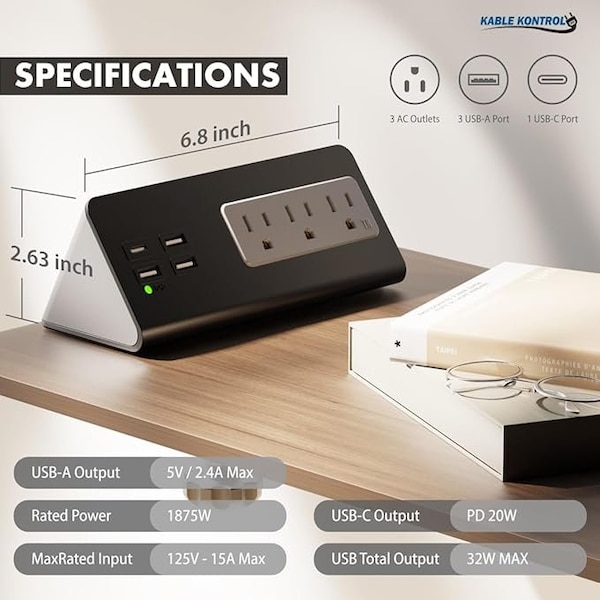 Kable Kontrol Desk Clamp Power Strip with 1 USB-C Port, 3 Power Outlets, 3 USB-A Ports, Fast Charger, 4.9' cord White - KK-EC-WH-C