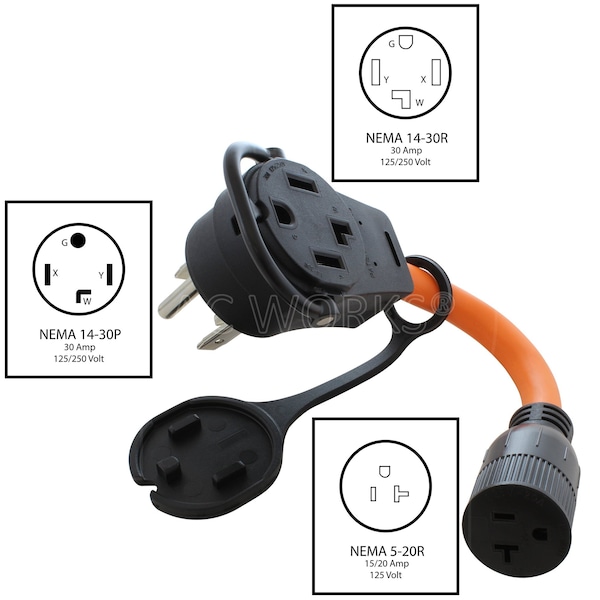 Ac Works 1FT 30 Amp 14-30 Piggy-Back Plug to Household 15/20 Amp Connector Adapter Cord - PB1430520