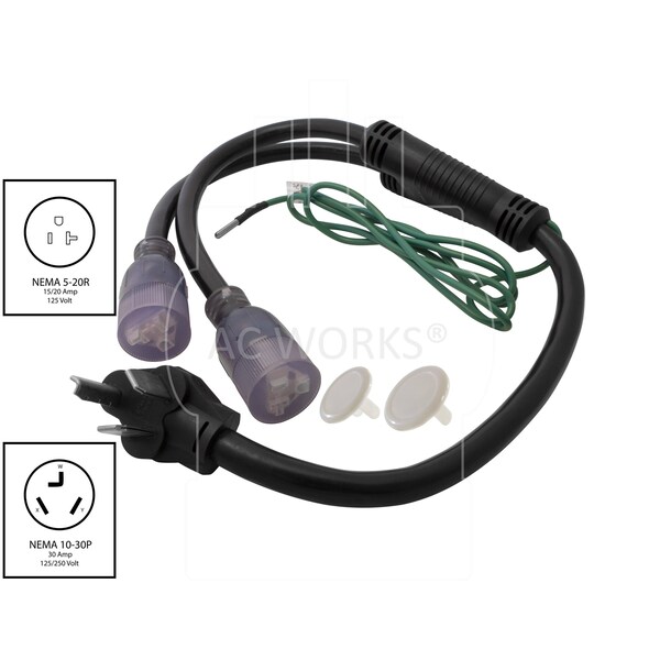 Ac Works 3ft 30A 125/250V NEMA 10-30 3-Prong Dryer Plug to Two NEMA 5-20 Household Connections - 1030Y520-036