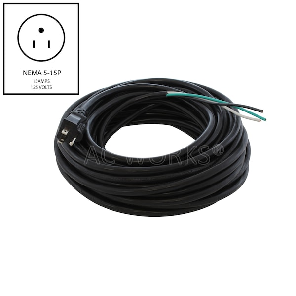 Ac Works 50ft 15A NEMA 5-15P U.S 3-Prong to Stripped End Replacement Cable - S515PROJ-050