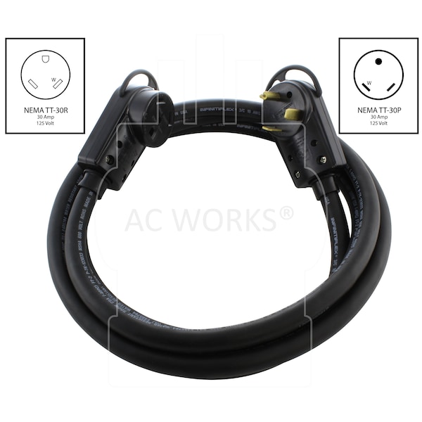 Ac Works SOOW Extension Cord, 10 AWG, Indoor/Outdoor, 10/3, 1 Outlets, Black, Rubber, Nylon, TT-30P, 75 ft - TT30PR-075
