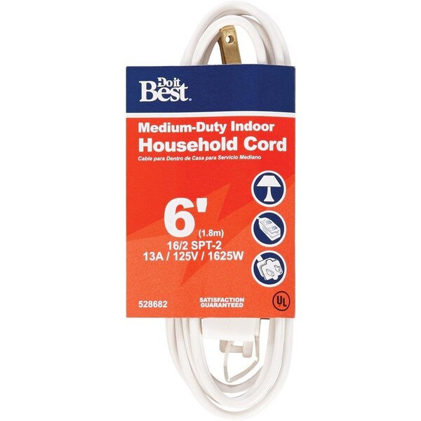 All-Source Extension Cord, 16 AWG, Indoor, 16/2, 6 ft - IN-PT2162-06X-WH