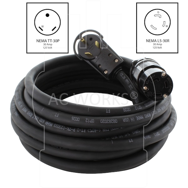 Ac Works SOOW Extension Cord, 10 AWG, Indoor/Outdoor, 10/3, 1 Outlets, Black, Rubber, Nylon, TT-30P, 50 ft - TT30L530-050