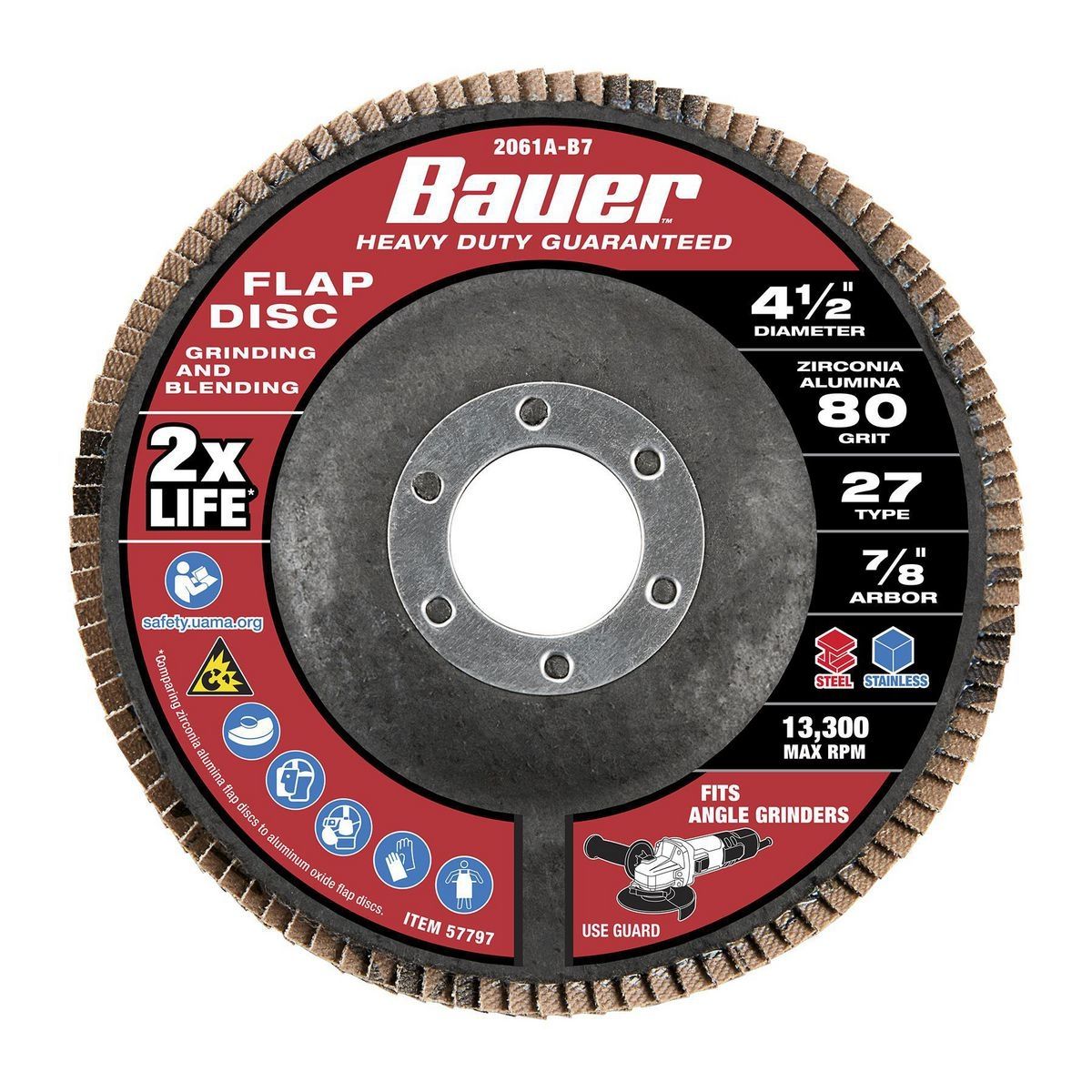 Disco de láminas tipo 27 Bauer de 4-1/2 pulgadas x 7/8 pulgadas, grano 80 con respaldo de fibra de vidrio y grano de circonia - 57797
