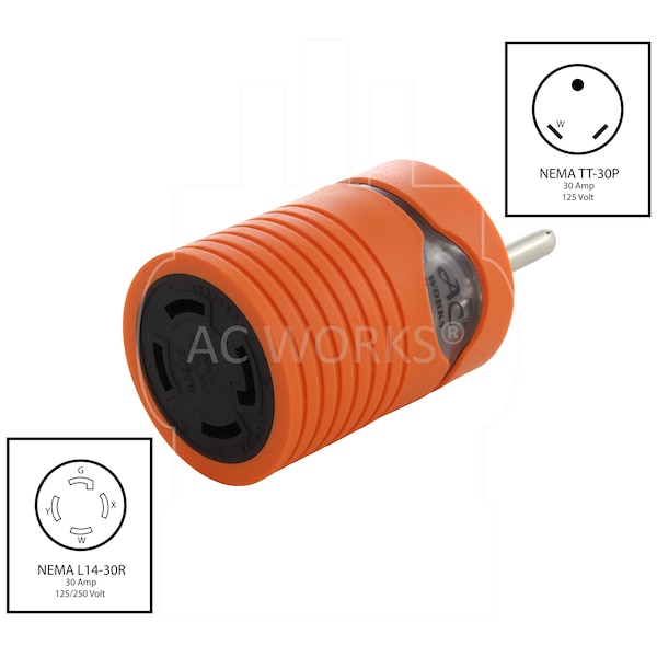 Ac Works Adapter RV 30A TT-30P Plug to 30A 125/250V L14-30R Female Two Hots bridged - ADTTL1430