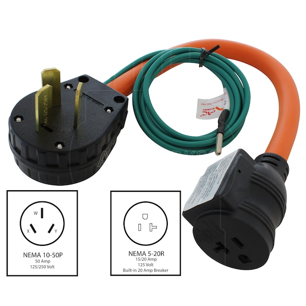 Ac Works 1.5FT 50A 3-Prong 10-50P Range/Welder Plug to Household Outlet with 20A Breaker - S1050CB520