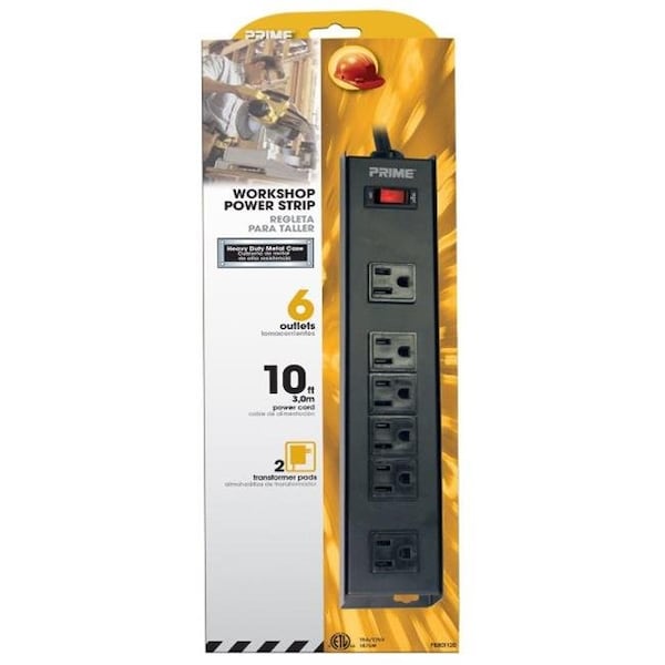 Prime Prime PB801120 6 Outlet Black Metal Power Strip with 10 ft. Cord - PB801120