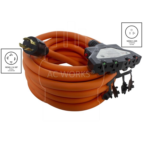 Ac Works 25FT L14-30P 30A 4-Prong Generator Locking Plug to 4 Household Outlets with 24A Breaker - L1430CBF520-025