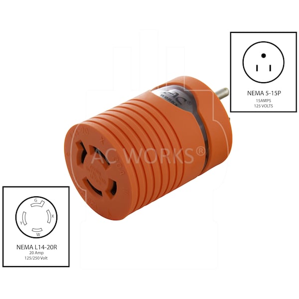 Ac Works 15A Household Plug NEMA 5-15P to Generator 4-Prong 20A L14-20R 2 Hots Bridged - AD515L1420