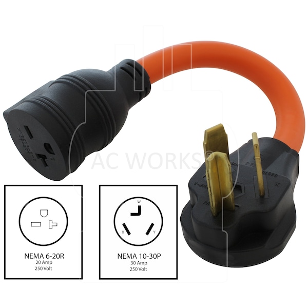 Ac Works 1FT 30A 3-Prong Dryer Plug to 6-15/20 Outlet with 20A Breaker - S1030CB620