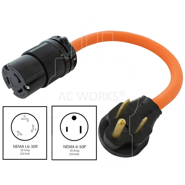 Ac Works 1.5FT NEMA 6-50P 50A Welder Plug to L6-30R 30A 250V Locking Outlet - S650L630-012
