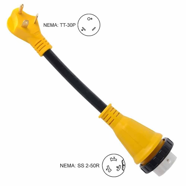Superior Electric RV Adapters 30 Amp Male NEMA TT-30P to 50 Amp Twist Lock NEMA SS 2-50R, 12 Inch 10AWG/3 Cord - RVA1506L