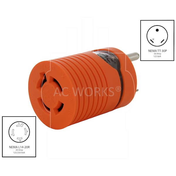Ac Works Adapter RV 30A TT-30P Plug to 20A 125/250V L14-20R Female Two Hots bridged - ADTTL1420