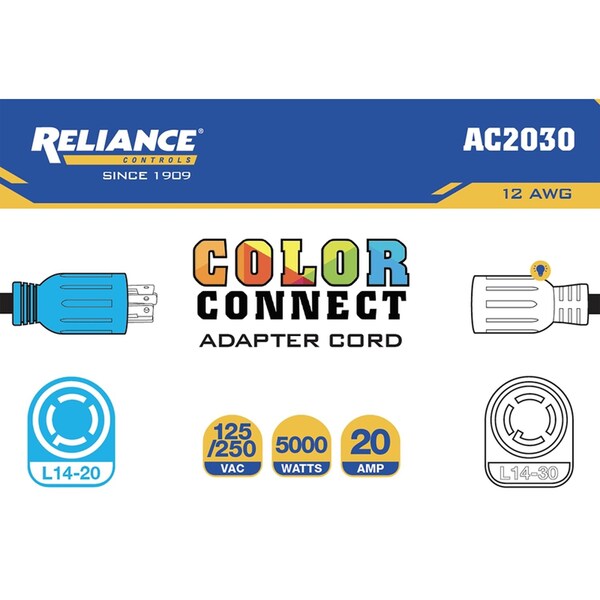 Reliance Controls Color Connect 12/3 SJTW 120/240 V 12 in. L Adapter Cord - AC2030