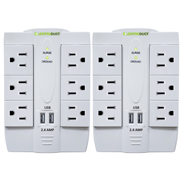 Electriduct Power Surge Protector- 6 Swivel AC Outlets and 2 USB Ports - PDC-SWIVEL-6P-2U-WT-2PK