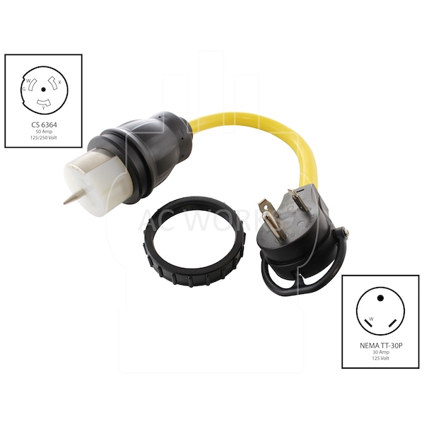 Ac Works 1.5FT Temporary Power RV 30A TT-30P Plug to CS6364 50A Locking Female Adapter - TETT-018