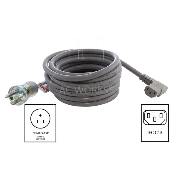 Ac Works 15ft 16/3 13A Medical Grade Power Cord With Left Angle IEC C13 Connector - MD13ALC13-180