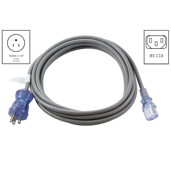 Ac Works 15FT 13A 16/3 Medical Grade Power Cord With IEC C13 Connector - MD173
