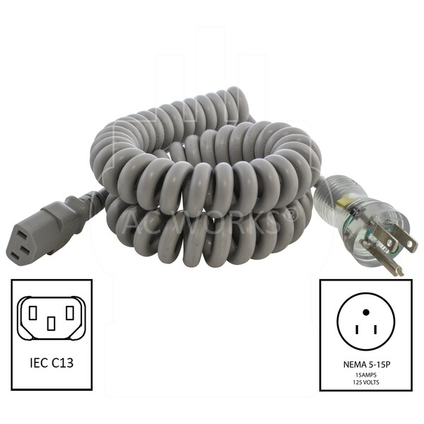 Ac Works UP to 6.5ft 10A 18/3 Coiled Medical Grade Power Cord With C13 Connector - MDC515C13-LN
