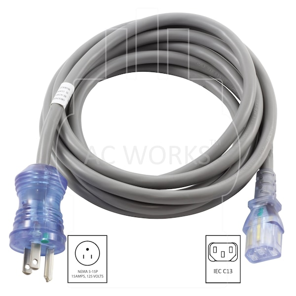 Ac Works 10ft 15 Amp 14/3 Medical-Hospital Grade Power Cord to IEC C13 End - MD228