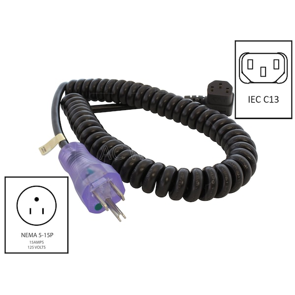 Ac Works UP to 6.5ft 10A 18/3 Coiled Medical Grade Power Cord with Right C13 Connector - MDC515RC13-V1