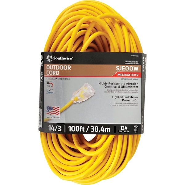 Coleman Cable Cold Weather Extension Cord, 14 AWG, Outdoor, 14/3, 100 ft - 1489SW0002