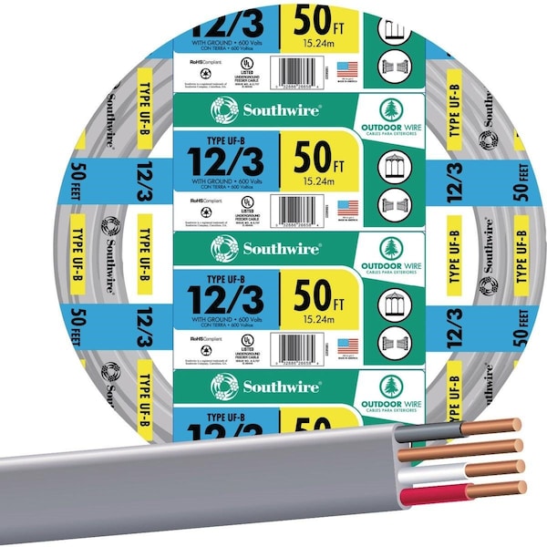 Southwire UF-B, Non-Metallic Underground Feeder Cable, 12 AWG, 50 ft - 13058322