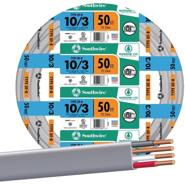 Southwire UF-B, Non-Metallic Underground Feeder Cable, 10 AWG, 50 ft - 13059122