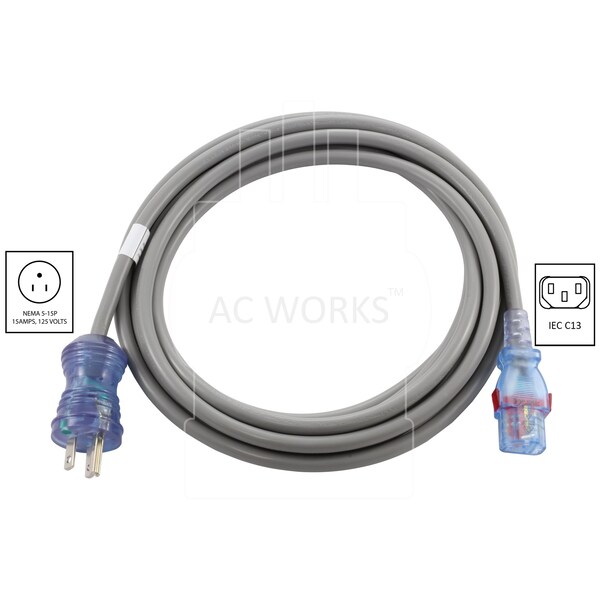 Ac Works 15ft 13 Amp 125 Volt 16/3 Medical-Hospital Grade Power Cord with Locking IEC C13 - MD173-AL