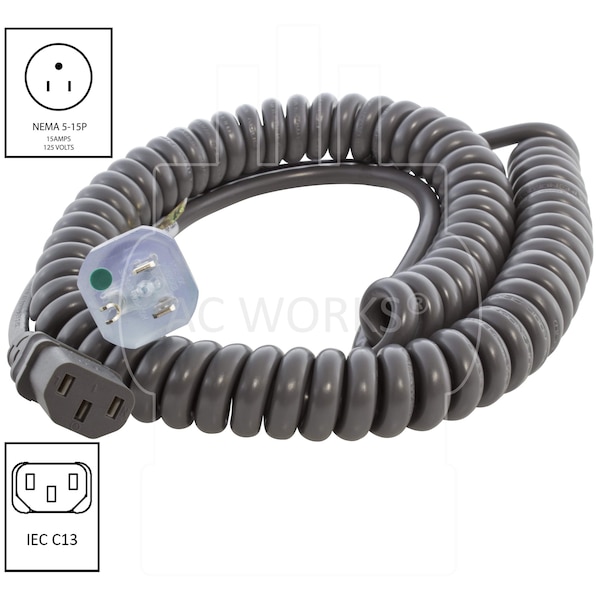 Ac Works Up to 10ft 10A 18/3 Coiled Medical Grade Power Cord with C13 Connector - MDC515C13-V1