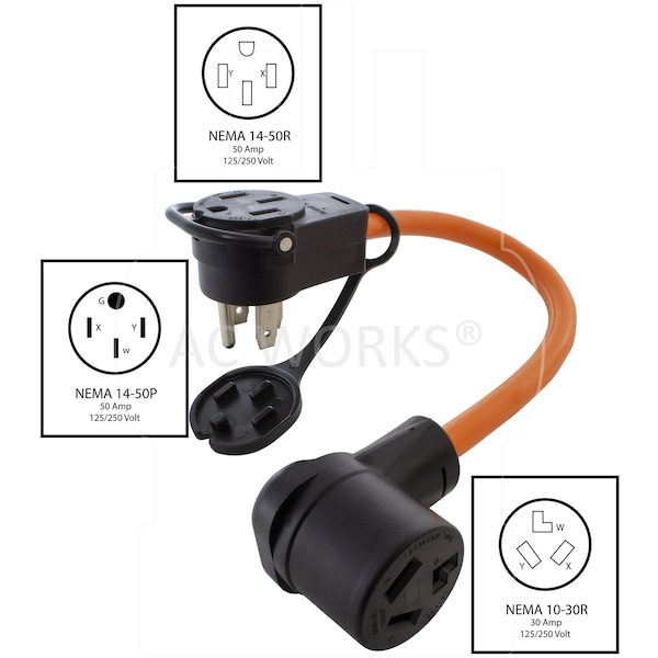 Ac Works 1.5FT 50A 14-50 Piggy-Back Plug with 10-30R Connector Adapter Cord - PB14501030