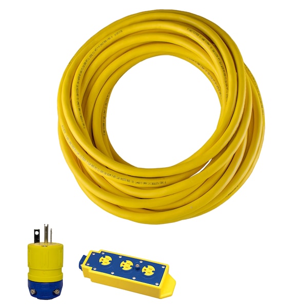 Ericson SOW Extension Cord, 12 AWG, 12/3, 3 Outlets, 5-20R, Yellow, 5-20P, 25 ft - 7002-25-2