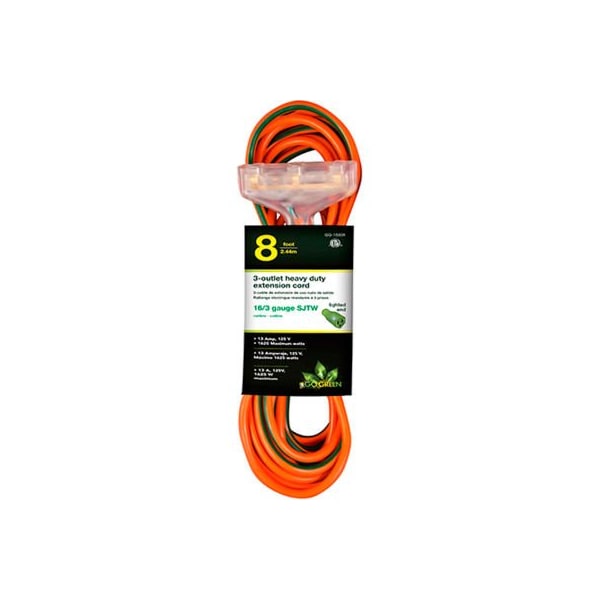 Gogreen SJTW Extension Cord, 16 AWG, Outdoor, 16/3, 3 Outlets, 8 ft - GG-15008