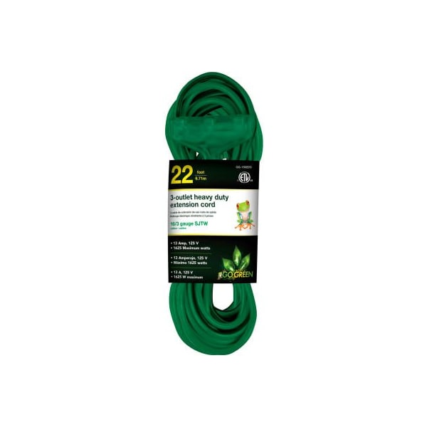 Gogreen SJTW Extension Cord, 16 AWG, Outdoor, 16/3, 3 Outlets, 2 ft - GG-15022GN