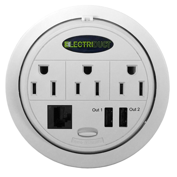 Electriduct PowerTap Grommet Power Data Center(3 Pwr, 2 USB, 1 CAT5e)- White - PDC-SW-GMPT-ED-WT-10PK