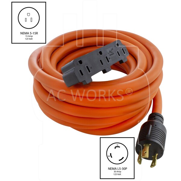 Ac Works 25ft L5-30P 30 Amp 3-Prong Generator Locking Plug to Household Tri-Outlets - L530W515-025
