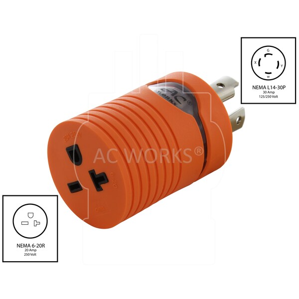 Ac Works NEMA L14-30P 30A 125/250V Locking Plug to NEMA 6-15/20R 15/20A 250V Female - ADL1430620