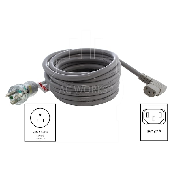 Ac Works 20ft 14/3 15A Medical Grade Power Cord With Left Angle IEC C13 Connector - MD15ALC13-240