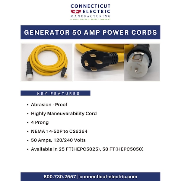 Connecticut Electric Cold Weather Extension Cord, 6 AWG, Indoor/Outdoor, Yellow, Nylon, 50 ft - HEPC5050