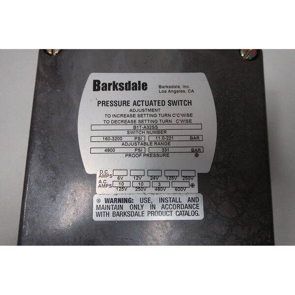 Interruptor de presión Barksdale ACTIVADO de 160 a 3200 PSI 125/250/480V-AC - B1T-A32SS