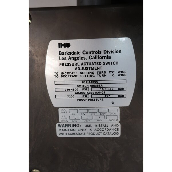 Interruptor de presión Barksdale 1/4 pulgadas 240-4800 psi 480V-CA - B1T-A48SS