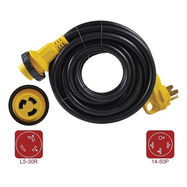 Superior Electric RV Extension Cord 10AWG/3 - 50 Amp Male NEMA 14-50P to 30 Amp Female NEMA L5-30R, Length 25ft - RVA1583