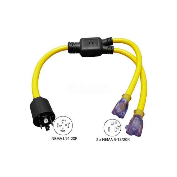 Conntek Conntek YL1420520S, 3-Feet 20 to 20-Amp Generator Y Adapter with NEMA L14-20P to 5-15/20R*2, Yellow - YL1420520S